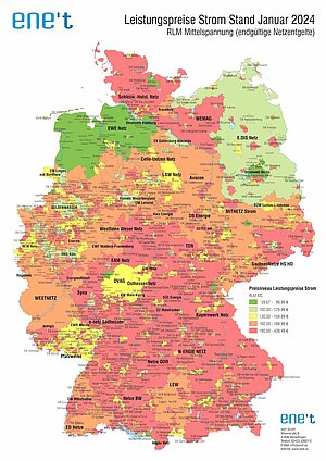 Deutschlandkarte mit farblich abgegrenzten Regionen, je nach Leistungspreis, Grafik: ene't
