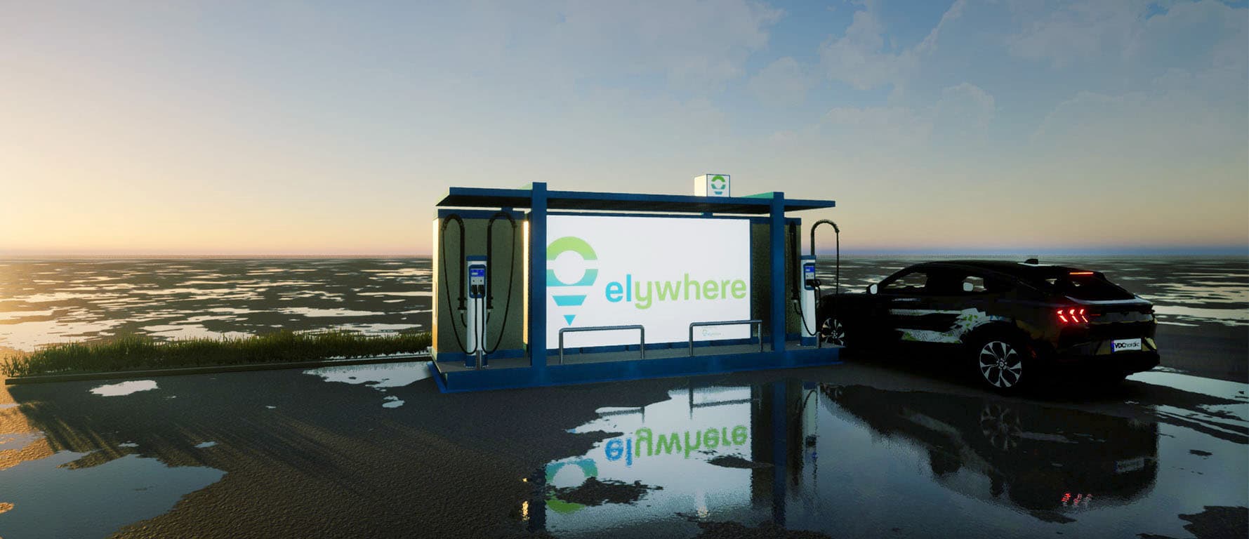 Gewerbespeicher, Elektroladestation an einem Parkplatz, im Hintergrund Watt, Foto: elywhere.com